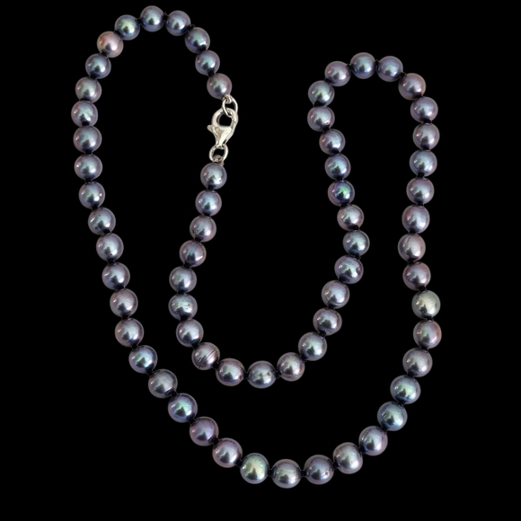 Peacock Blue Pearl Necklace 925 Sterling Silver Clasp Hand Knotted A0039 - Picture 9 of 15